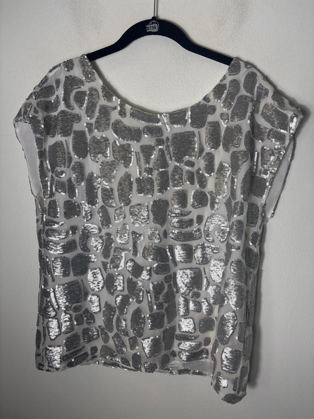 Vince Camuto Small Silver Sequin Cap Sleeve Mesh Shirt Sz M